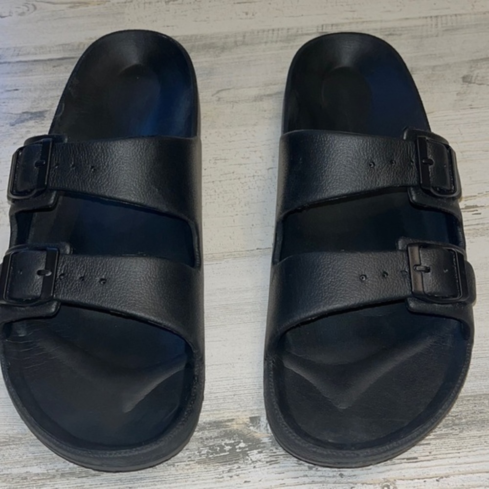 Livergy black slides. Womens 12, Mens 10